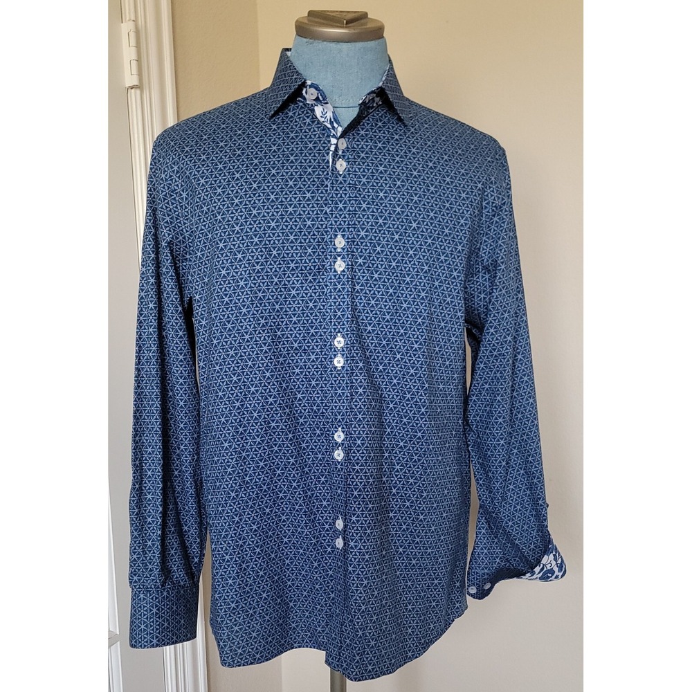 Coogi Men's Luxe Geometric Blue Long Sleeve Dress Shirt Size Large 16.5/17